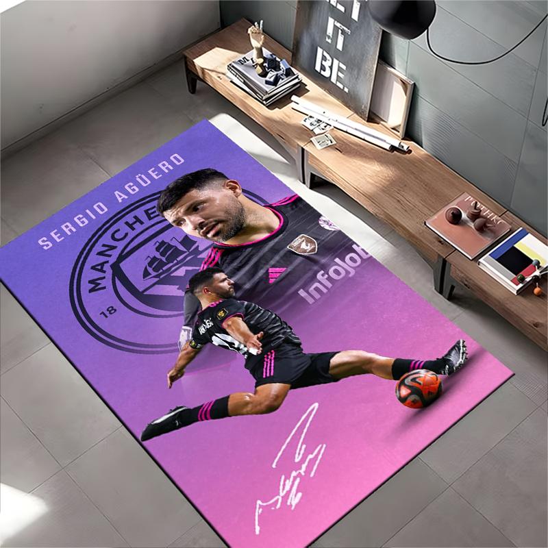 Soccer Star Area Rug, Sergio Aguero Manchester City 10 Celebration Print, Football Fan Living Room Decor, Non-Slip Mat