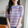 Summer New Round Neck Knitted Sweater, Short-sleeved T-shirt, Striped Cutout Base Shirt