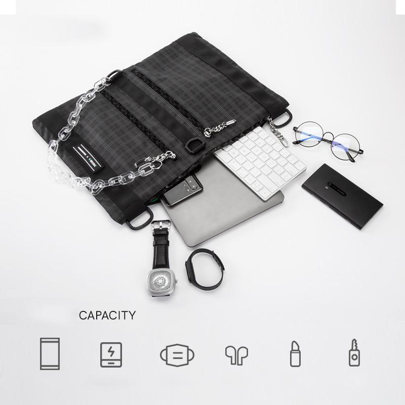 Men Women Chain Single Shoulder Bag Foldable Messenger Bag Chain Casual Plaid Chest Bag Small Crossbody Bag Waterproof Black