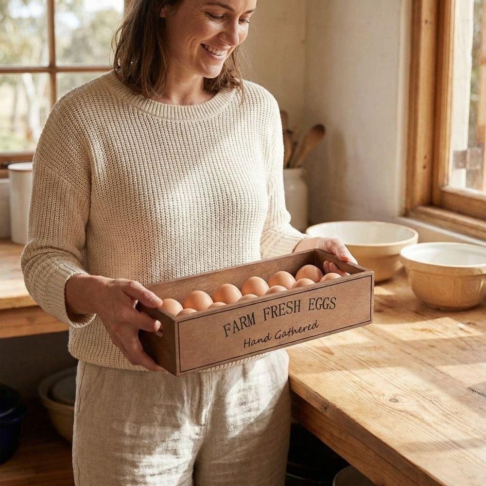 Open-Top Lid Wood Egg Case Large Capacity Egg Display Crates  Kitchen Organizer
