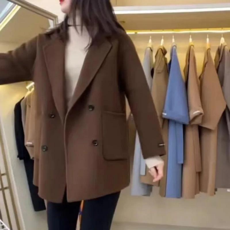 Coffee-Colored Double-Faced Wool Women's Short Coat - 2025 Autumn/Winter Korean-Style Loose Fit