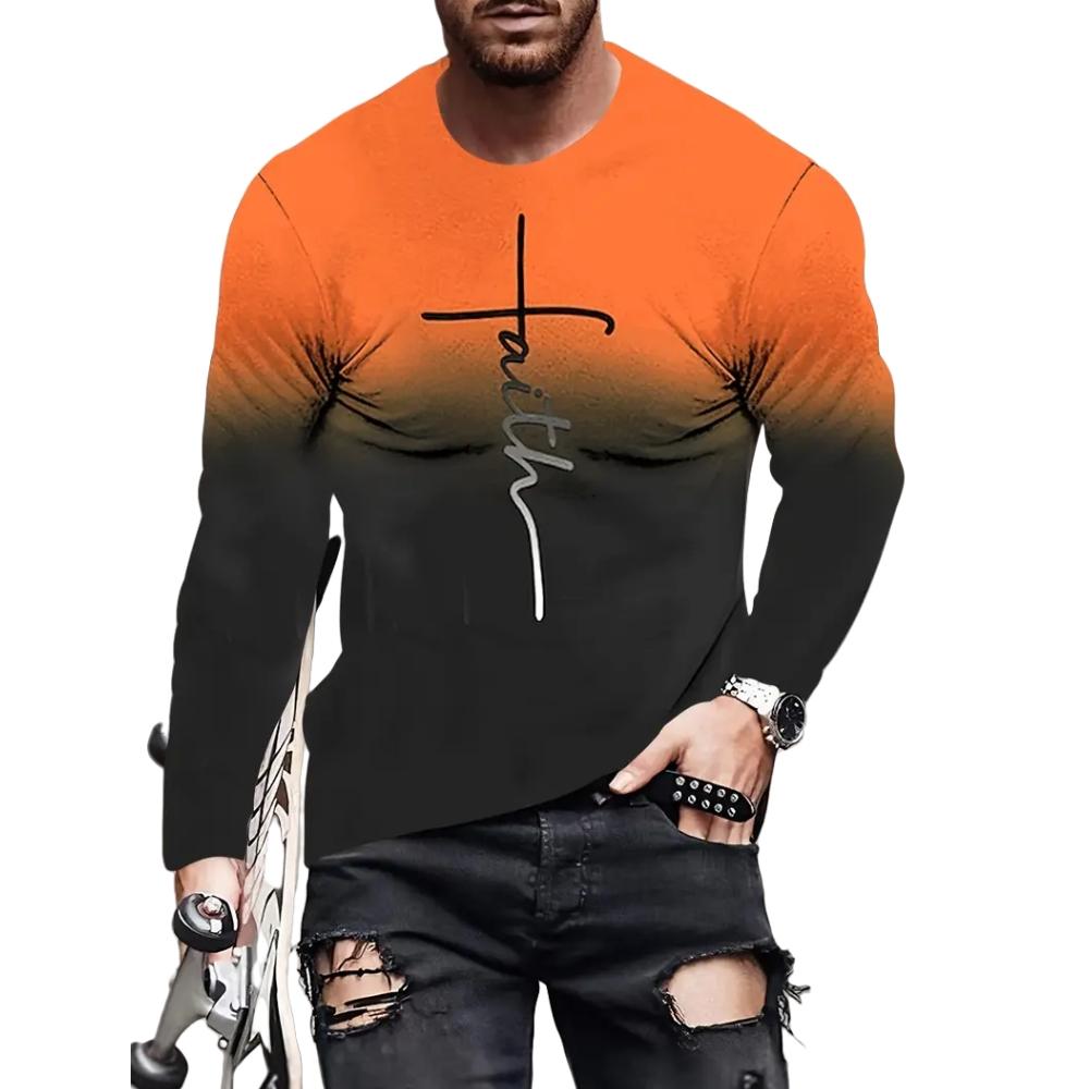 Spring and Autumn Round Neck 3D Cross Printed Top Fashionable Casual Vintage Christian Long Sleeved Men's T-shirts