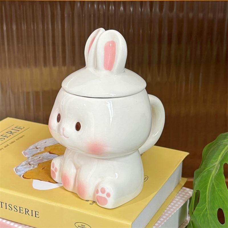 Cartoon Rabbit Shaped Ceramic Mug with Lid Coffee Milk Cup Cute Couple Breakfast Cup Household Drinkware Valentine's Day Gift