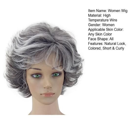 Short Wavy Curly Wigs with Bangs Natural Look High Temperature Silk Hair Wigs Long-Lasting Wear Middle-aged Women Style Fashion Fluffy Silver