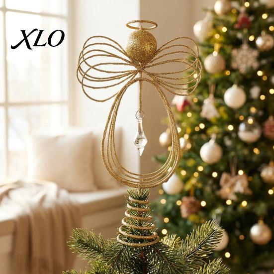 Decorative Holiday Tree Accents Angel Christmas Topper, Gold Glitter Metal Wire Crown Art Ornament for Home Decor And Seasonal Indoor Decorations