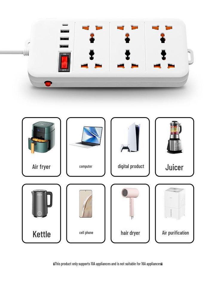 USB Smart Power Strip with Multiple Sockets, Universal European & UK Plug Board, Pure Copper Contacts