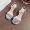 Fashion Silver Block Heel Sandals Women's Summer New French Square-toe Rhinestone Straight Belt Temperament Going Out High Heels