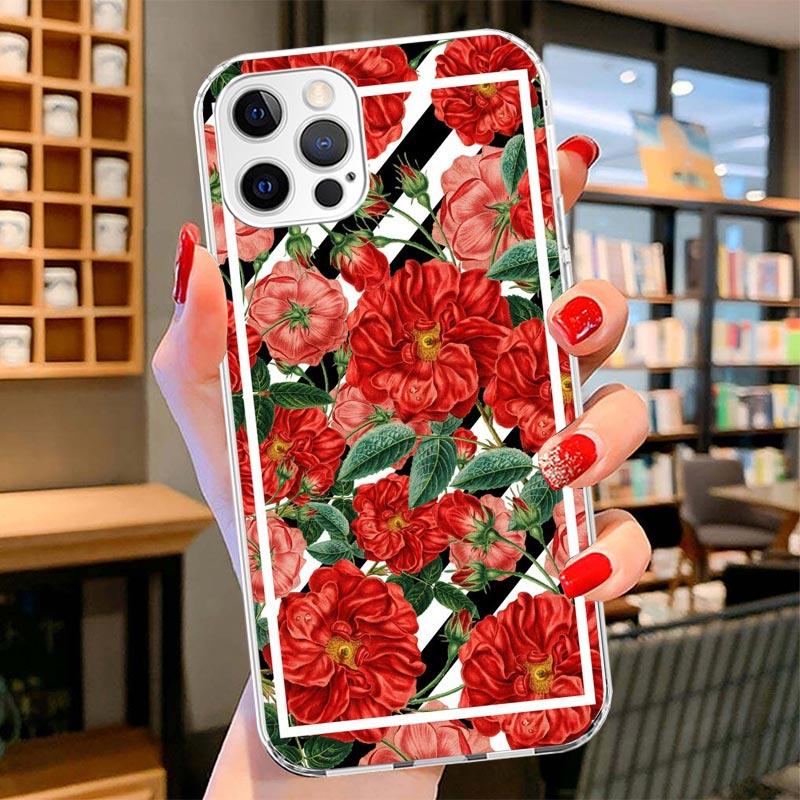 Black White Stripes Flower Cover Phone Case For iPhone 16 17 Air 15 14 Pro Max 16E Phone Case 13 Mini 12 11 7 SE 8 Print Pattern