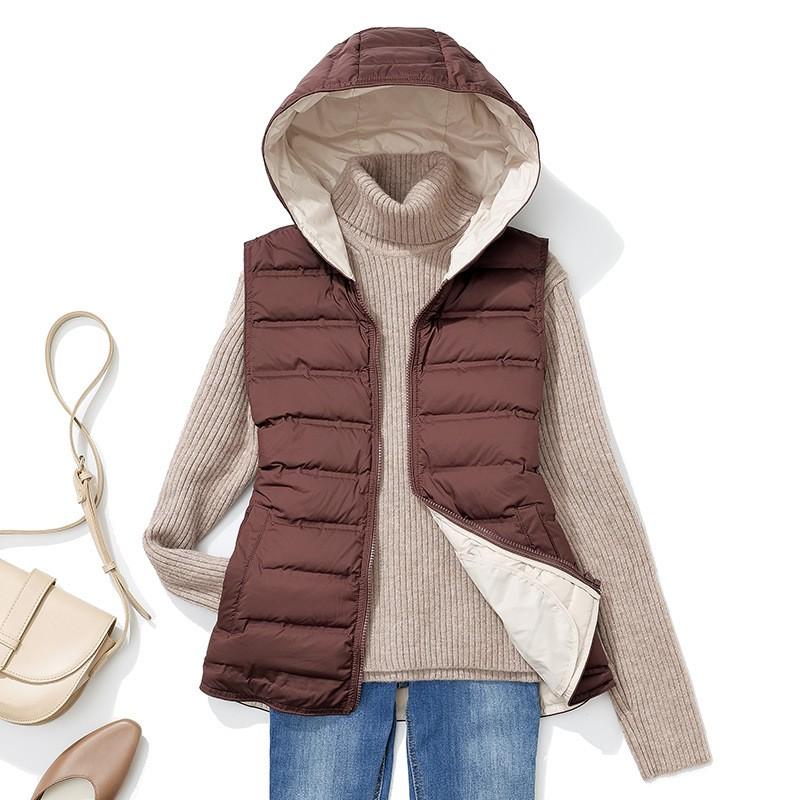 Womens Short Hooded Down Vest Slim Fit Lightweight Seamless Fabric Color Block Winter