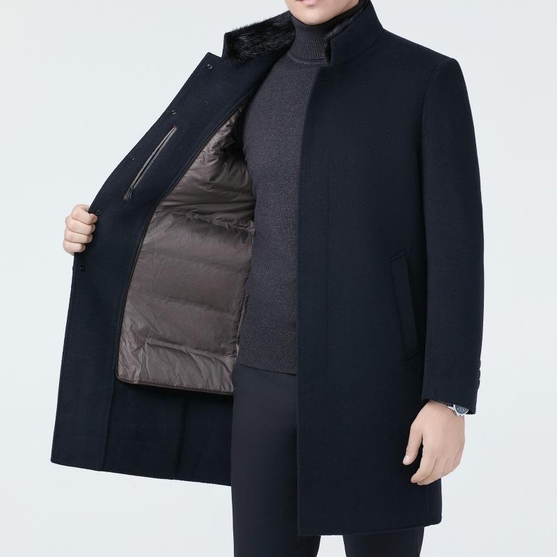 Длинное шерстяное двухстороннее пальто для мужчин среднего возраста с воротником-стойкой и съемной подстежкой для папы, шерстяное пальто большого размера