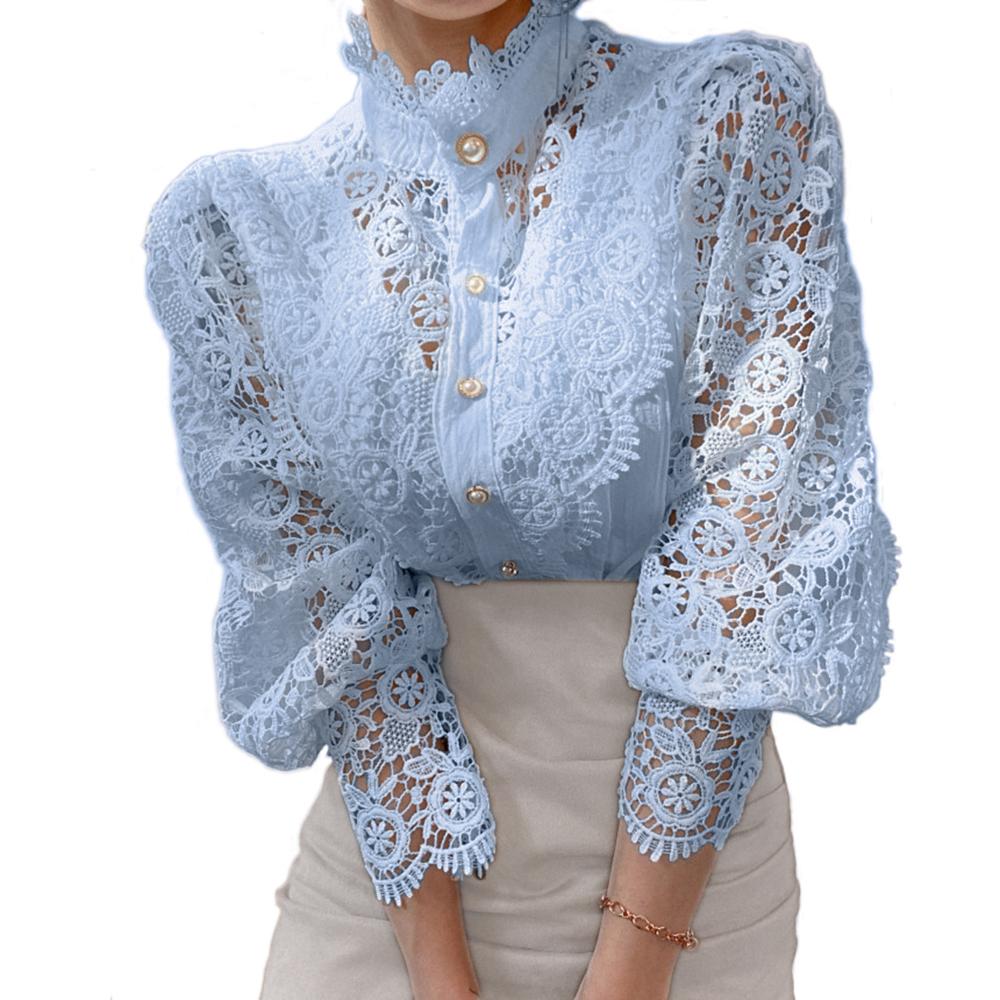 Women Stand Collar Lace Patchwork Shirts Casual Hollow Out Flower Petal Sleeve Button Tops White Shirts for Women