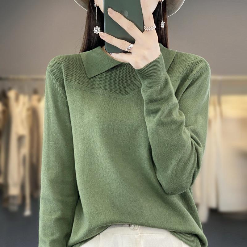 HNXC Autumn and Winter Knitted Sweater, Women's POLO Neck Solid Color Long-sleeved Sweater, Loose Solid Color Knitted Base Layer