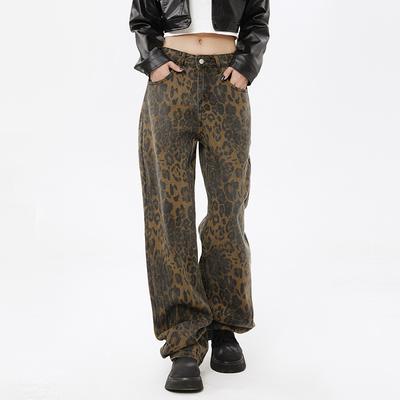 Уличные джинсы с леопардовым принтом, мужские, американская высокая улица, нишевый дизайн, свободные прямые брюки