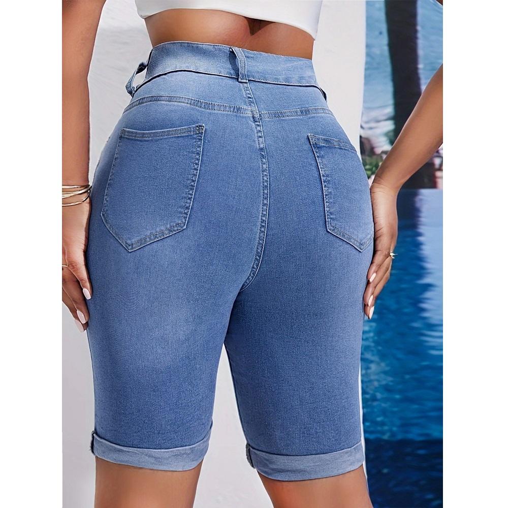 Women Summer High Waist Knee Length Denim Shorts Ladies Stretch Jeans Short Pants