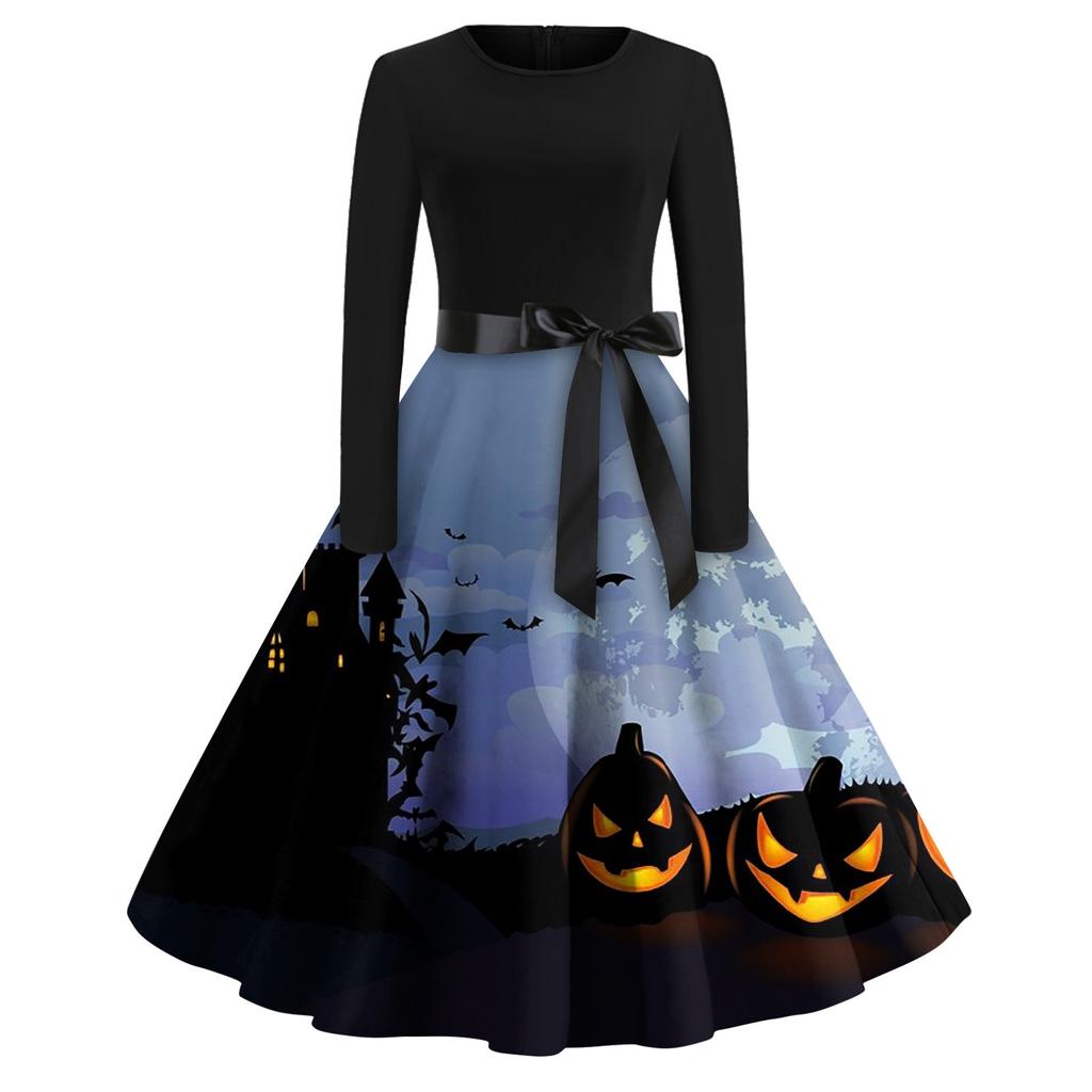 Women's Fashion Round Neck Casual Slim Fit Halloween Printed Long Sleeve Dress