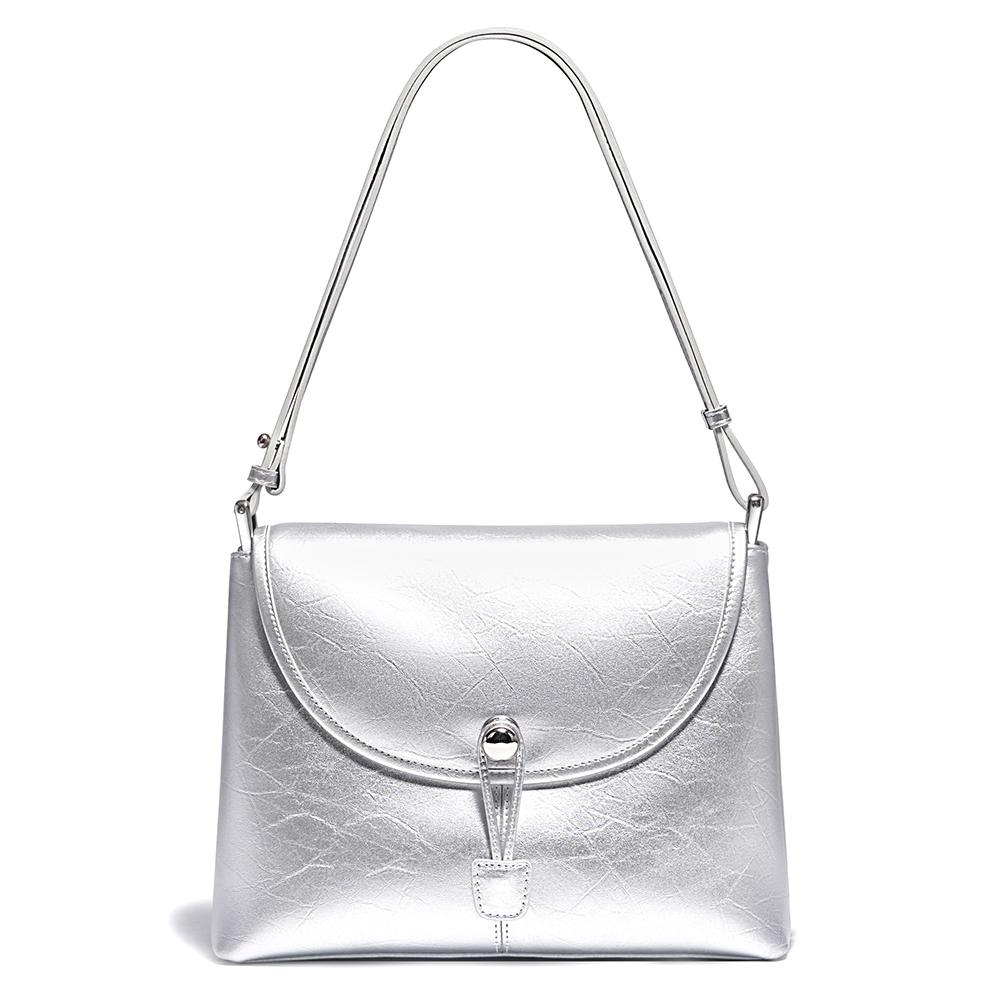 Zency Silver Bag 2024 Women 100% Genuine Leather Handbag Large Pocket Square Bag