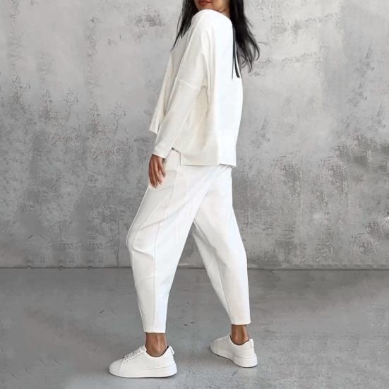2 шт./комплект женский топ брюки костюм круглый вырез длинный рукав сплошной цвет