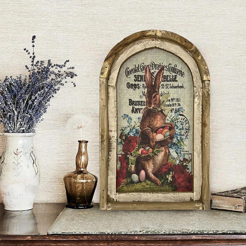 1PC Vintage Easter Decor Retro Home Decoration Wooden Bunny Oil Painting Rabbit Inn Art Print