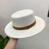 Autumn and winter fashion versatile elegant woolen top hat women's British retro street belt buckle flat top hat black jazz hat