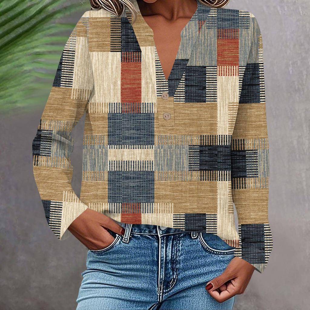 Женская модная и повседневная рубашка с длинным рукавом, V-образным вырезом, на пуговицах, с принтом, блузка, топ