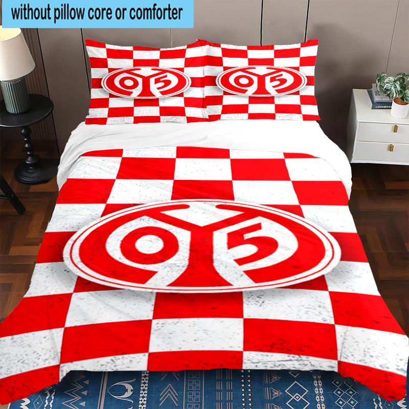 3PCS Red White Mainz Pattern Bedding Set,Including 1pc Duvet Cover And 2pcs Pillowcases Perfect for Bedroom, Dormitory, Fan Christmas gift