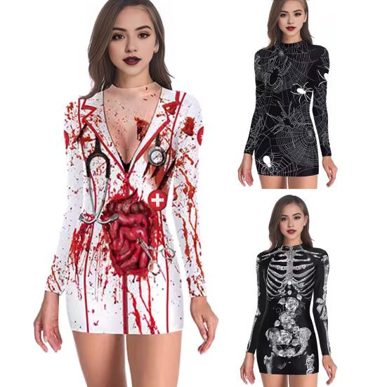 Хэллоуин Женское платье Кровавое пятно Скелет Паук Принт V-образный вырез Медсестра Косплей Длинные рукава Дом с привидениями NPC Костюм для выступлений