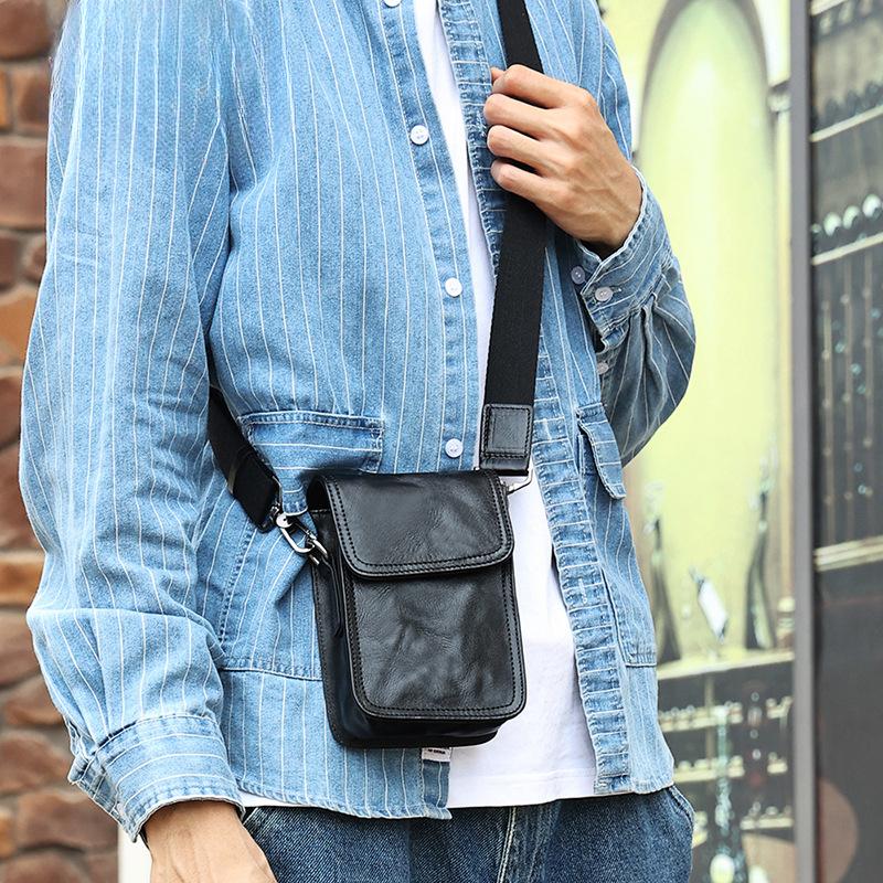 Men's Plant-tanned Leather Shoulder Bag Wear Belt Casual Mobile Phone Fanny Pack Genuine Leather Vintage Crossbody Bag