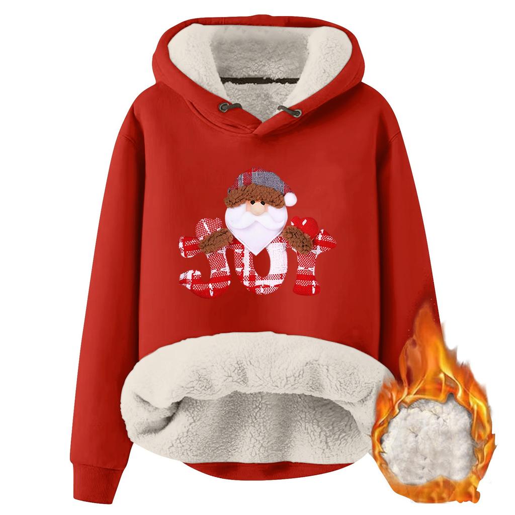 Женская модная флисовая теплая свободная толстовка с капюшоном и рождественским принтом