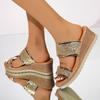 Fashion Leisure Gold Glitter Straps Slides Women 2025 Summer Chunky Platform Wedges Slippers Women Round Toe High Heels Sandals Women