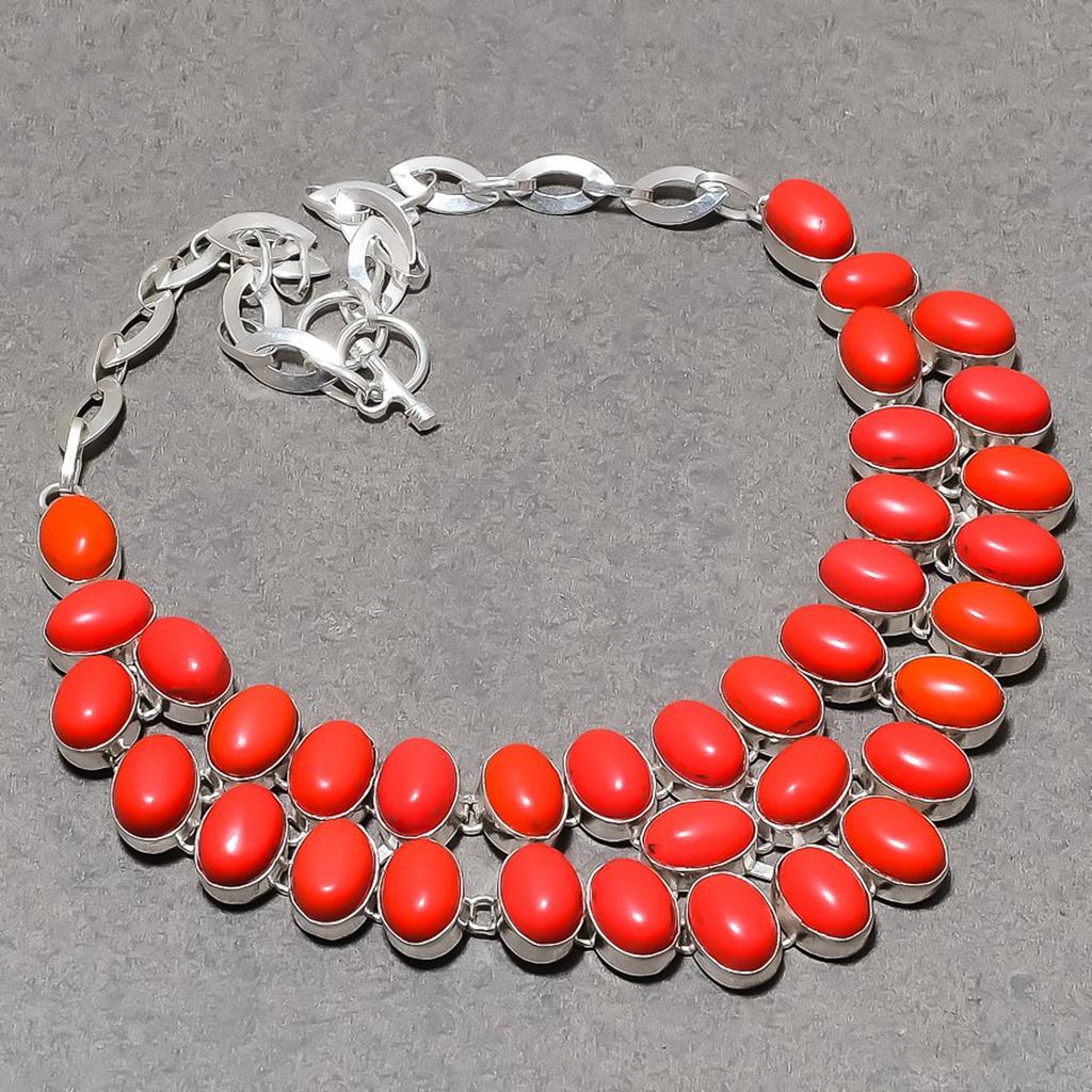 Red Coral Necklace 18" Adjustable Chain Silver Tone Polished Oval Gemstone Gifts