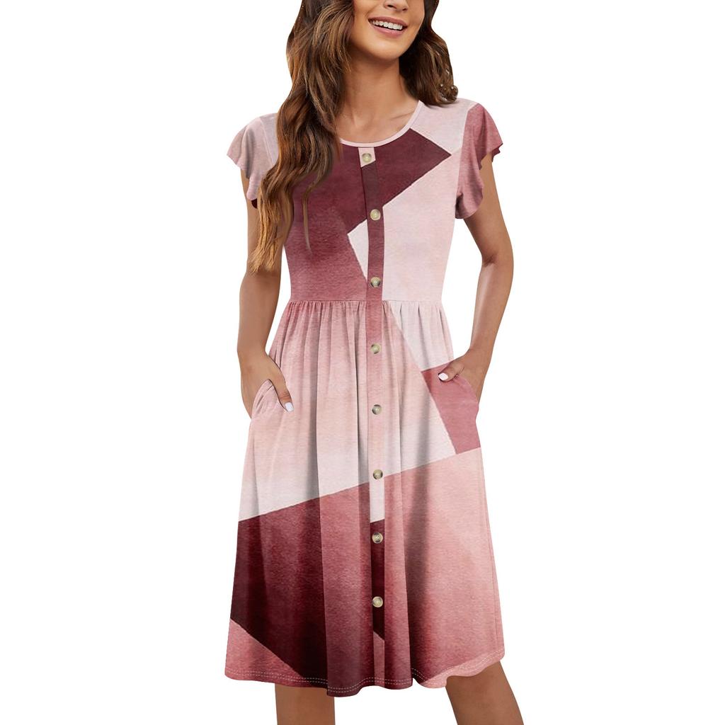 Женские летние платья с круглым вырезом и рукавами-крылышками, повседневные свободные платья-миди с карманами на пуговицах и принтом