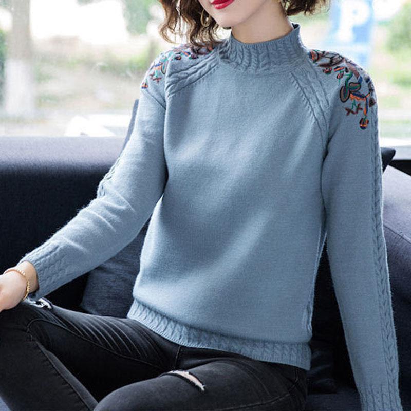 Autumn and Winter, Women's Sweater, Thickened, Warm, Short, Half Turtleneck, Sweater, Loose, Large Size, Embroidered, Pullover, Sweater