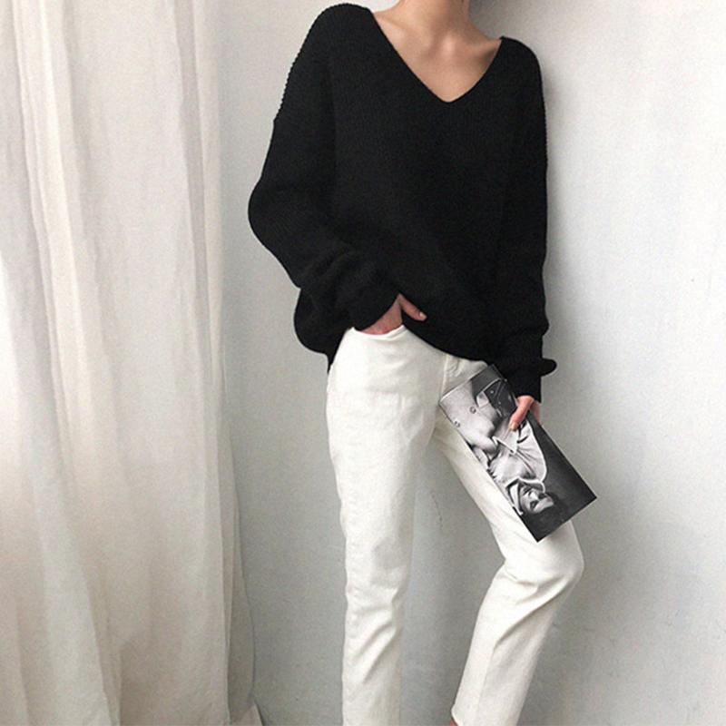 Свитер с v-образным вырезом, свободный простой пуловер с неровным краем, вязаный топ для женщин
