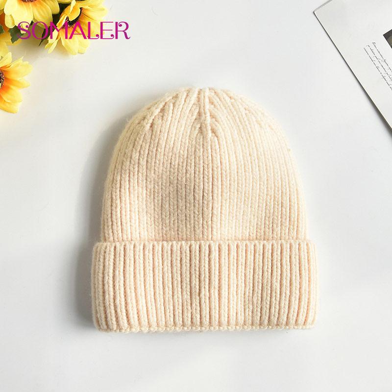 SOMALER Зимняя вязаная шерстяная шапка для девочек, женская модная пушистая теплая шапка-бини с манжетами, женская осенне-осенняя повседневная кепка