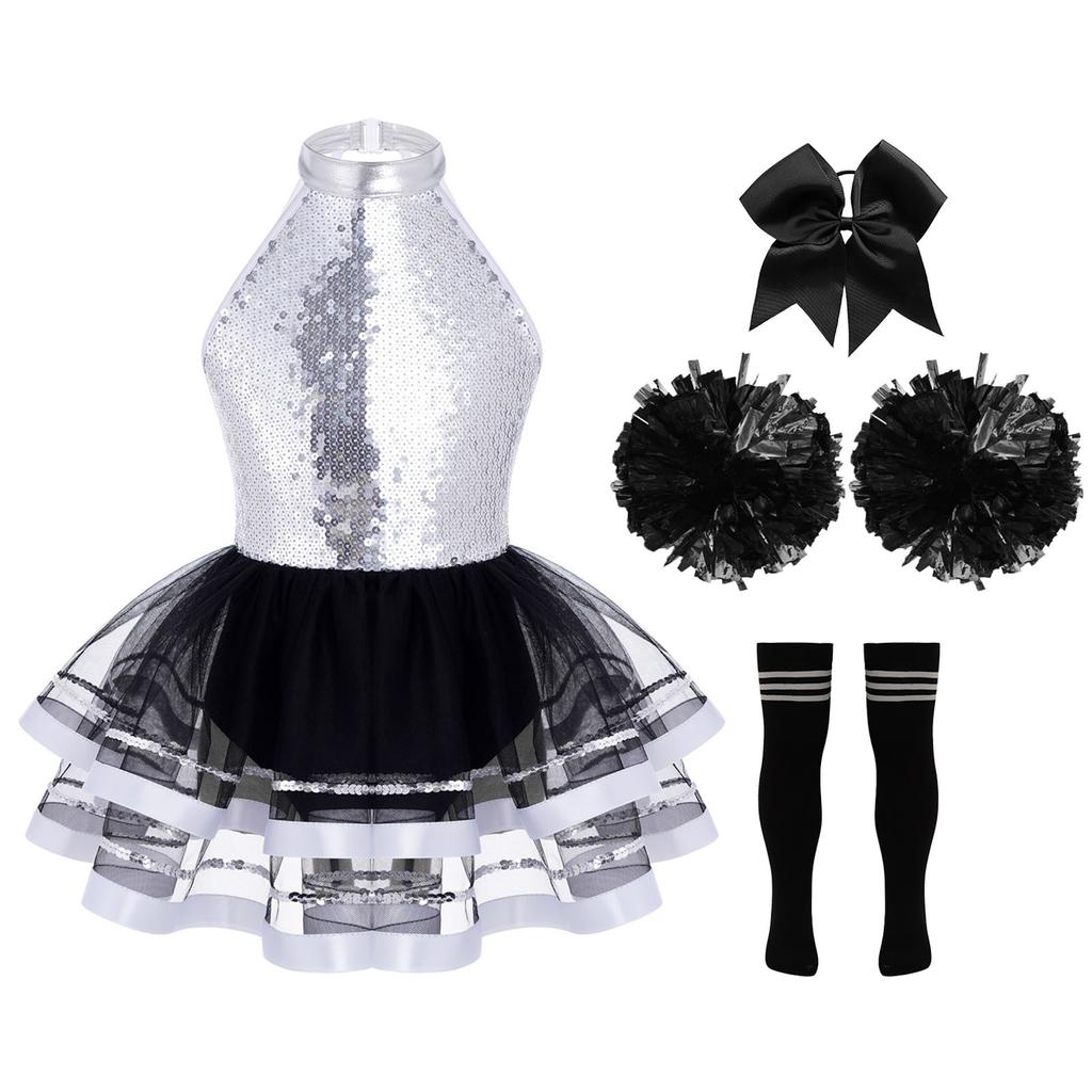 Girls Cheerleading Outfit Sleeveless Halter Sparkling Sequins Backless Tulle Tutu Dress Flower Balls Headwear Socks Set