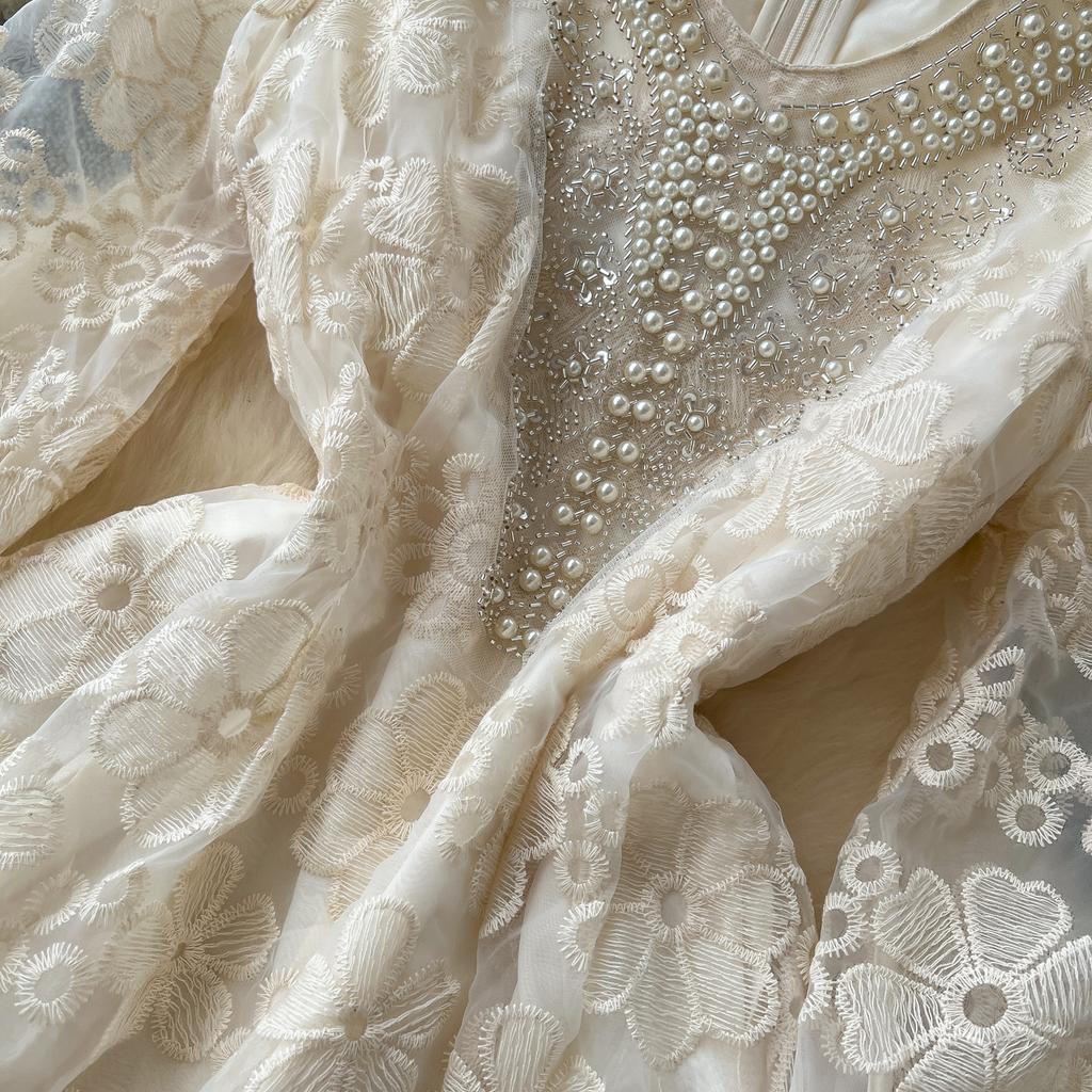 Весна Осень Женские V-образный вырез Роскошные Бисероплетение Сетчатая Вышивка Вечерние Миди Платья