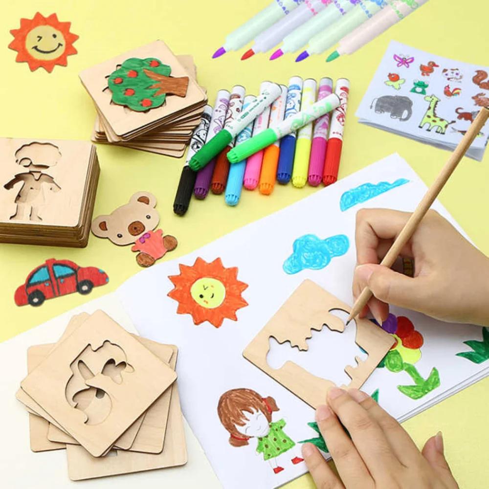 Montessori Kids Toys Drawing Toys Wooden Diy Painting Template Stencils Learning Educational Toys For Children Gift 10/20Pcs