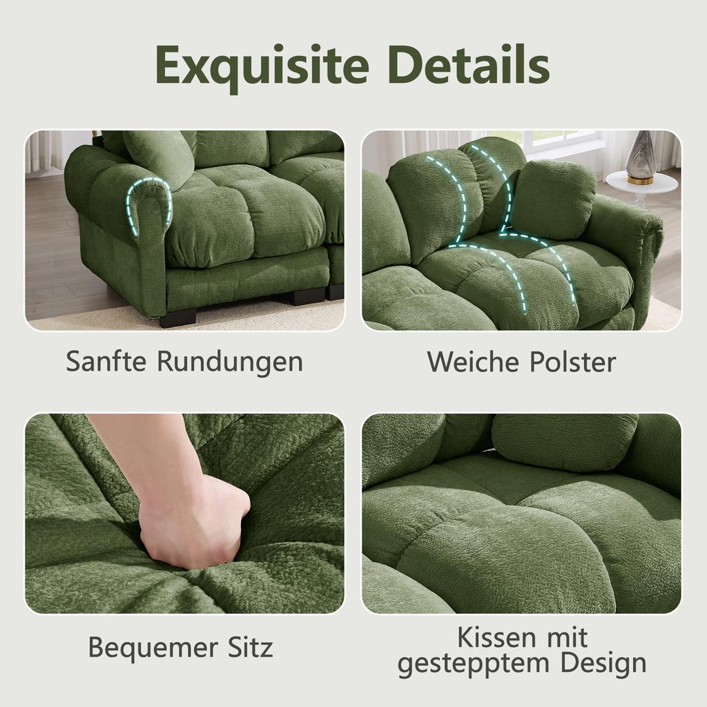 3-Seat U-Shaped Cloud Sofa, Including Mobile Ottoman and 2 Cushions, Fine Quilted Design, Thick Seat Cushions, Suitable for Living Room, Green
