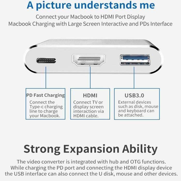 Adaptateur USB C vers HDMI 4K - HUB - Multiport - USB 3.0 - Charge rapide - 3 ports