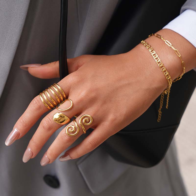 Metal Hollow Geometric Open Rings For Women Stainless Steel Gold Lines Spiral Adjustable Finger Ring Jewelry