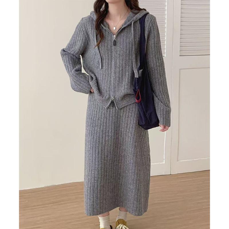 Grey Hooded Strap Double Zipper Two-piece Set Casual Style Large Size Pit Strip Skirt Knitted Cardigan Set