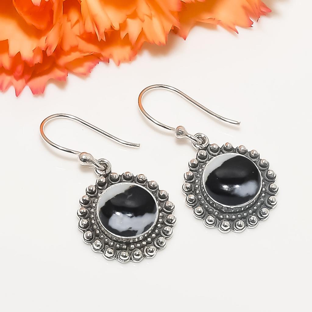 Белая бирюза буффало - Невада 925 стерлинговое серебро серьга V7246, Черно-белая серьга, Круглая серьга, Подарок на День святого Валентина, Подарок для нее, День рождения