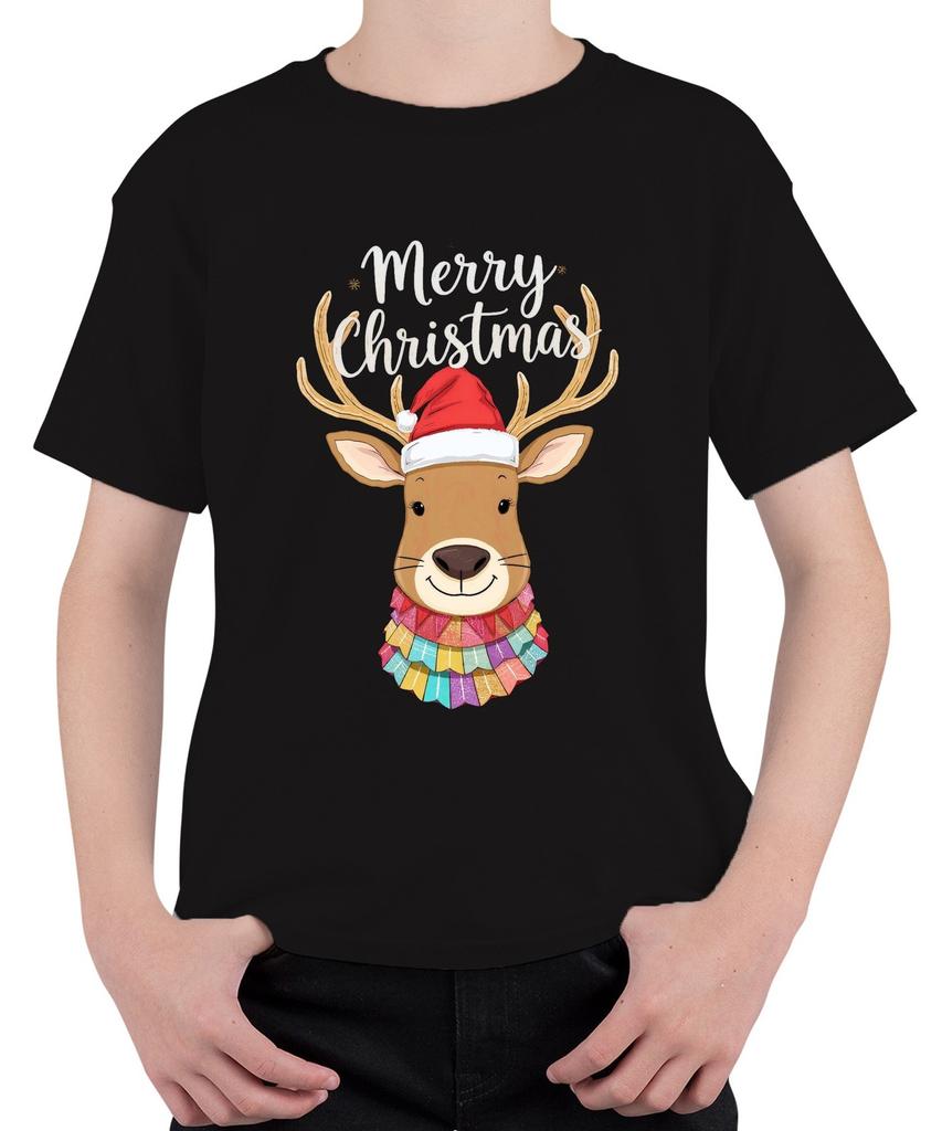 Merry Christmas Xmas Reindeer Santa Hat Cute Multicoloured Unisex Kids T-