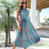 Spring Summer Women Vintage Print Halter Sleeveless Strap Lace Up Holiday Long Dress S-XL