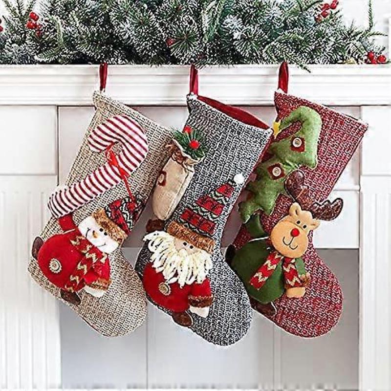 Christmas Stocking, Large Christmas Sock to Hang, Design Santa Claus, Reindeer and Snowmen