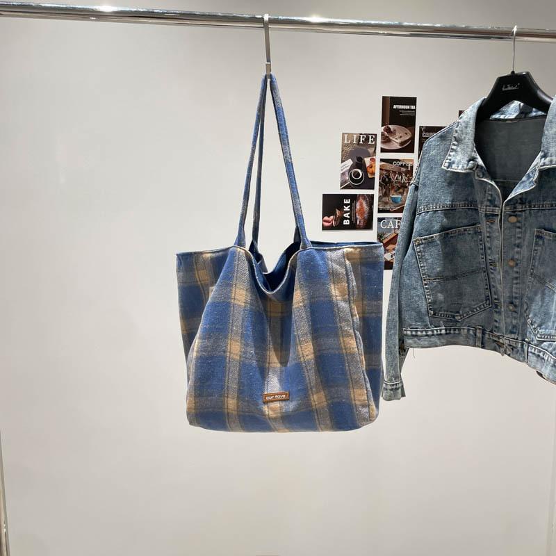 British Style Autumn and Winter Woolen Plaid Double-sided Bag Fresh College Style Shoulder Bag Large Capacity Lazy Style Tote Bag Women
