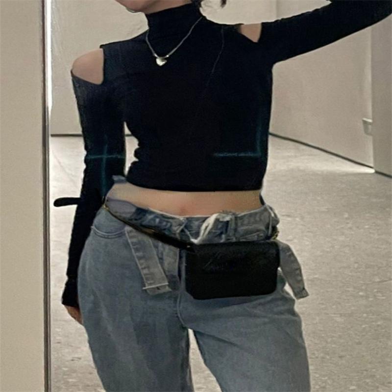 Y2K винтажные однотонные футболки с высоким воротником женские готические сексуальные тонкие укороченные топы элегантные футболки с длинными рукавами и длинными рукавами Осень 2023