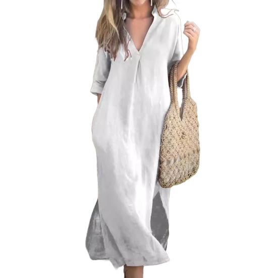 Летнее платье с рукавами три четверти, разрезами по бокам, свободным V-образным вырезом, платье миди