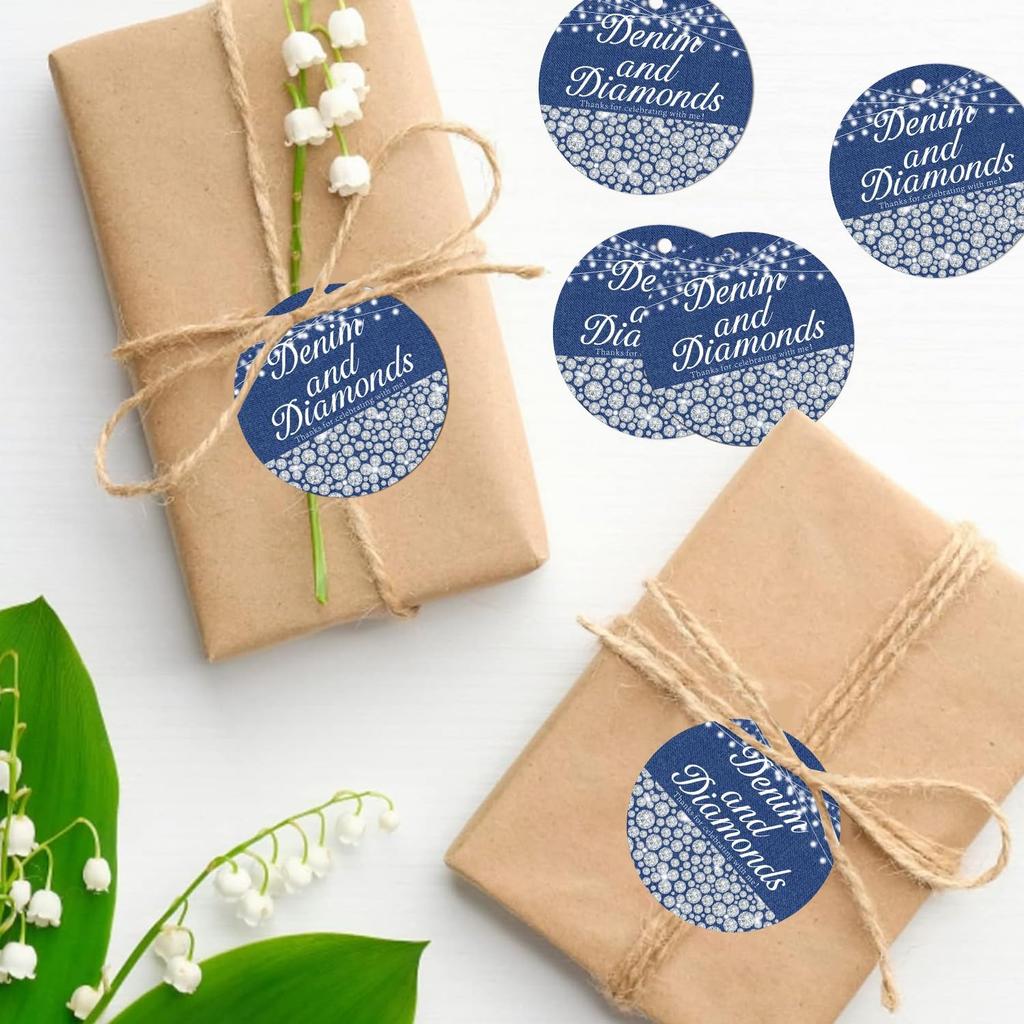 50PCS Denim and Diamonds Bachelorette Thank You Tags Blue Silver Denim and Diamonds Decor New Jeans Bridal Shower Decor Jewelry Birthday Gift Tags