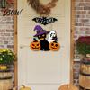 Halloween Gift for Friends Wooden Welcome Door Sign, Pumpkin Ghost Bat Hanging Decor Yard, Home Party Entrance Rustic Wood Art Sign